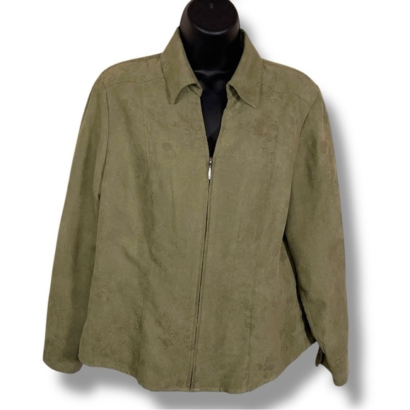 Petite Medium Croft And Barrow Green Blazer Jacket Floral Print Zip Closure - Picture 1 of 16